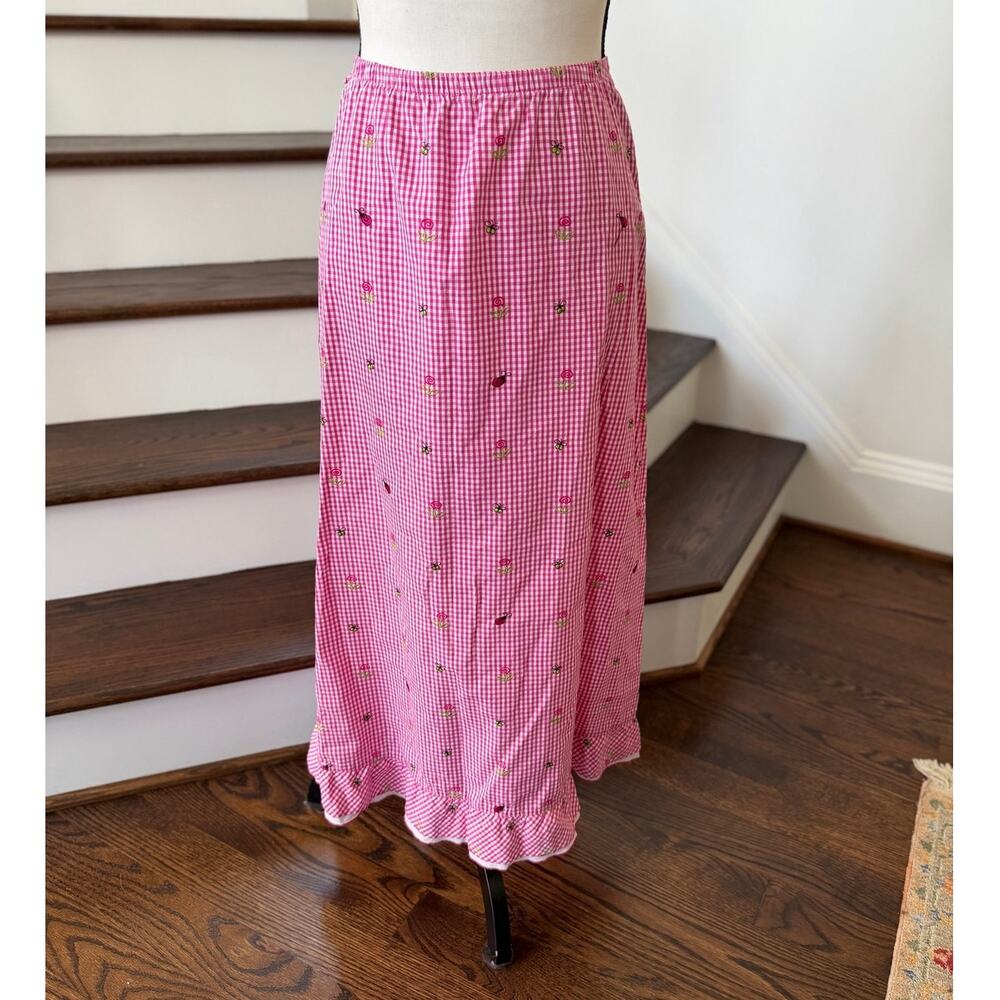 Vintage Y2K Midi Pink White Gingham Embroidered Flower Butterfly Slip Skirt